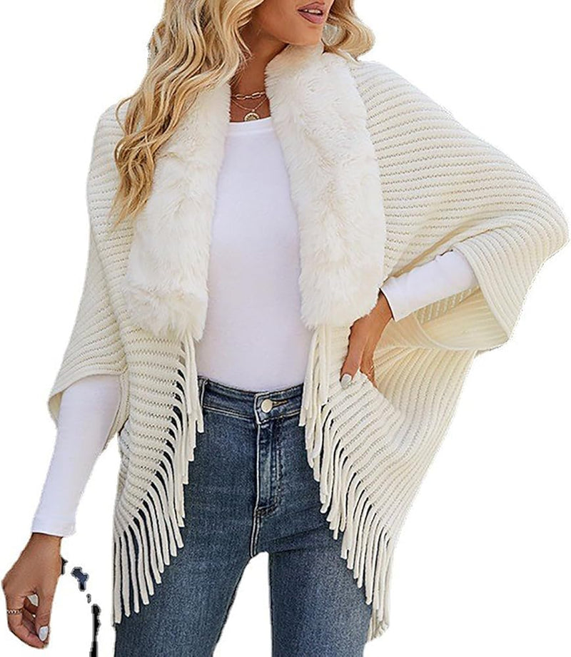 Women Faux Fur Collar Shawl Knitted Winter Capes  B-917253 - TUZZUT Qatar Online Shopping