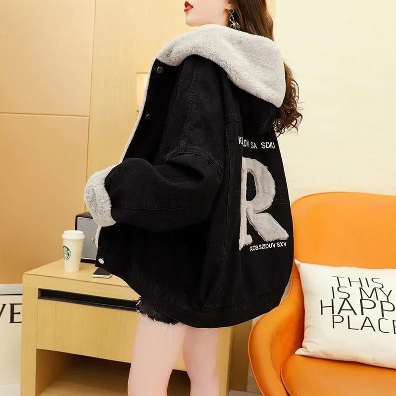 Plus Velvet Warm Hooded Denim Jackets Women Casual Letter Loose Black Jean Coats Oversize Patchwork Fleece Liner Winter Outwear S S4794977 - Tuzzut.com Qatar Online Shopping