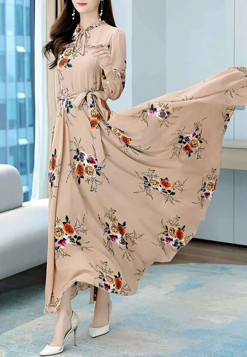 Women Summer High Waist Long Sleeve Floral Print Maxi Dresses Casual Par XL S2022734