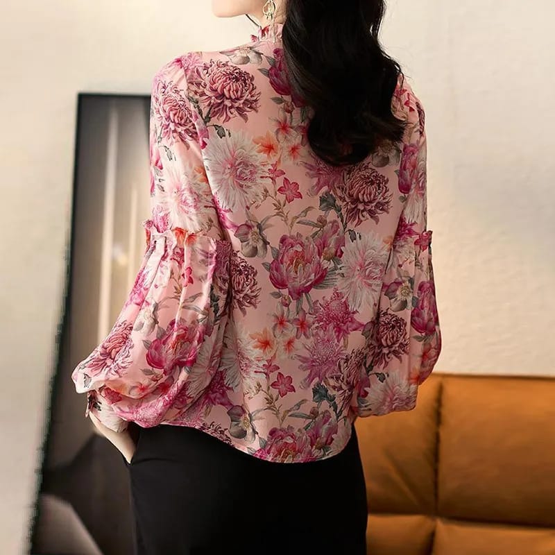 Spring Summer Elegant Fashion Ruffled Floral Print Lantern Long Sleeve Chiffon Shirt Top Ladies Temperament Wild Pullover Blouse S4842928 - Tuzzut.com Qatar Online Shopping