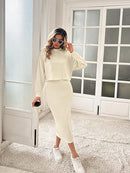 Women's Knitted Dress Sweater Two Piece Long Sleeve Sweater Top Skirt Midi Skirt 167418 - TUZZUT Qatar Online Shopping