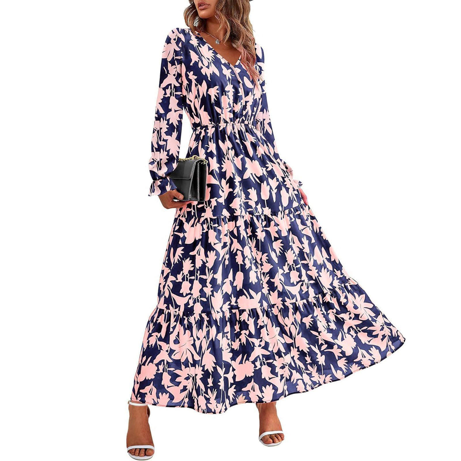 Casual Long Sleeve V Neck Maxi Dress MD6565