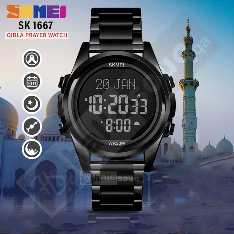 Skmei SK 1667BKBK Islamic Prayer Watch With Qibla Direction And Azan Reminder - Black S4444790 - Tuzzut.com Qatar Online Shopping