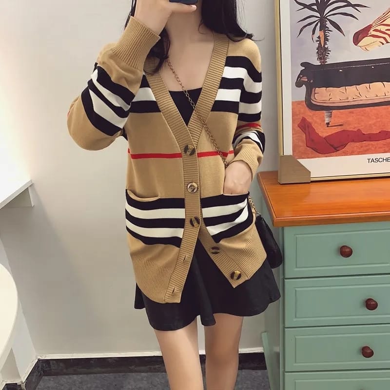 Women's Jacket Cashmere Cardigan Mid-length Knitted Jacket V-neck Loose Striped Sweater S3694517
