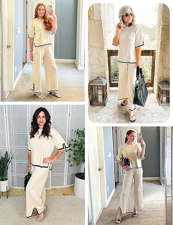 Short Sleeve Knit Pullover Top High Waist Wide Leg Pant 54804 Short Sleeve Knit Pullover Top High Waist Wide Leg Pant 54804