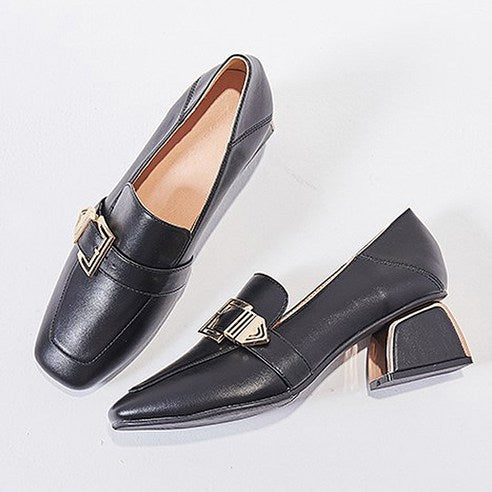 Buckle Decor Square Toe Chunky Heeled Loafers 6776