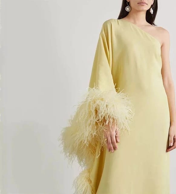 Casual Dress Ostrich Feather- trimmed Crepe Maxi Pretty Party Pastel Yellow Rayon Feather Party Dress 5MVE54 Casual Dress Ostrich Feather- trimmed Crepe Maxi Pretty Party Pastel Yellow Rayon Feather Party Dress 5MVE54
