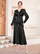 Modely Burgundy Red Solid Ruched Button Front Satin Dress  S4974757 - TUZZUT Qatar Online Shopping