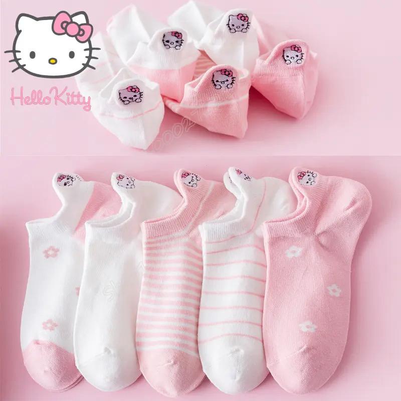 5 Pairs HelloKitty Socks Cotton Girl Cartoon KTcat Embroidery Pink Stripe S3272296 - Tuzzut.com Qatar Online Shopping