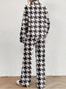 Women's Elegant Casual Houndstooth Print High-Neck Long-Sleeve Top and Pants 2pcs Set 68997