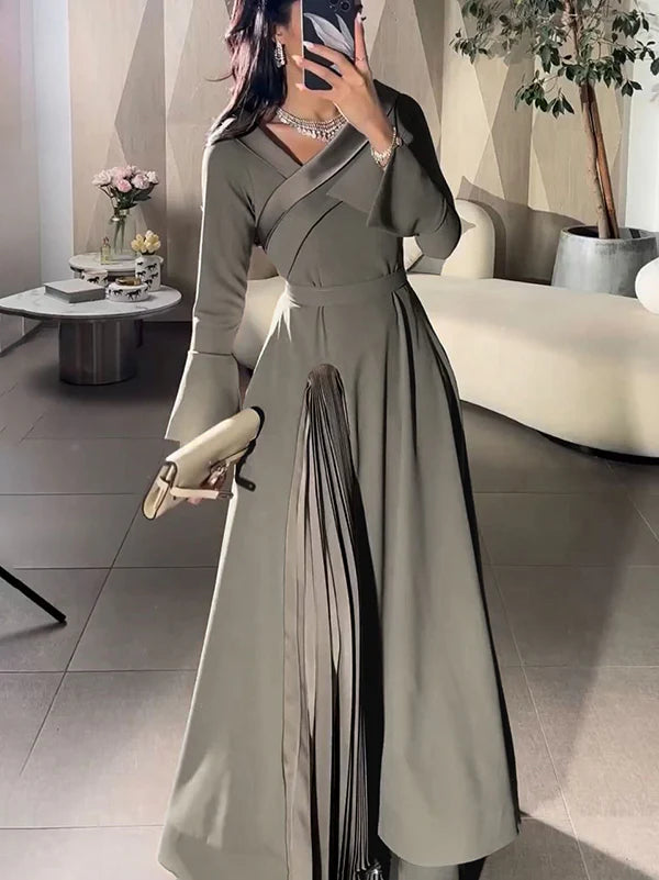 A-Line Wrap Pleated Solid Color Split-Joint V-Neck Maxi Dresses 158582 A-Line Wrap Pleated Solid Color Split-Joint V-Neck Maxi Dresses 158582