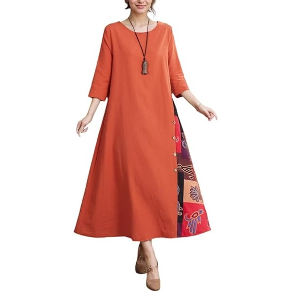 Women's Dress 3/4 Sleeve  Floral Print O-Neck Button Plus AS-2123 - TUZZUT Qatar Online Shopping