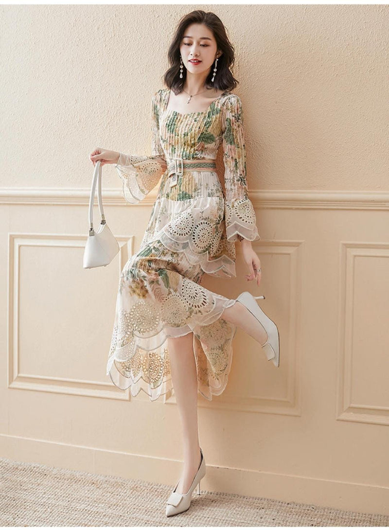 New elegant women long dress chiffon floral print dress attractive slim cake dress for ladies S4567983 - Tuzzut.com Qatar Online Shopping