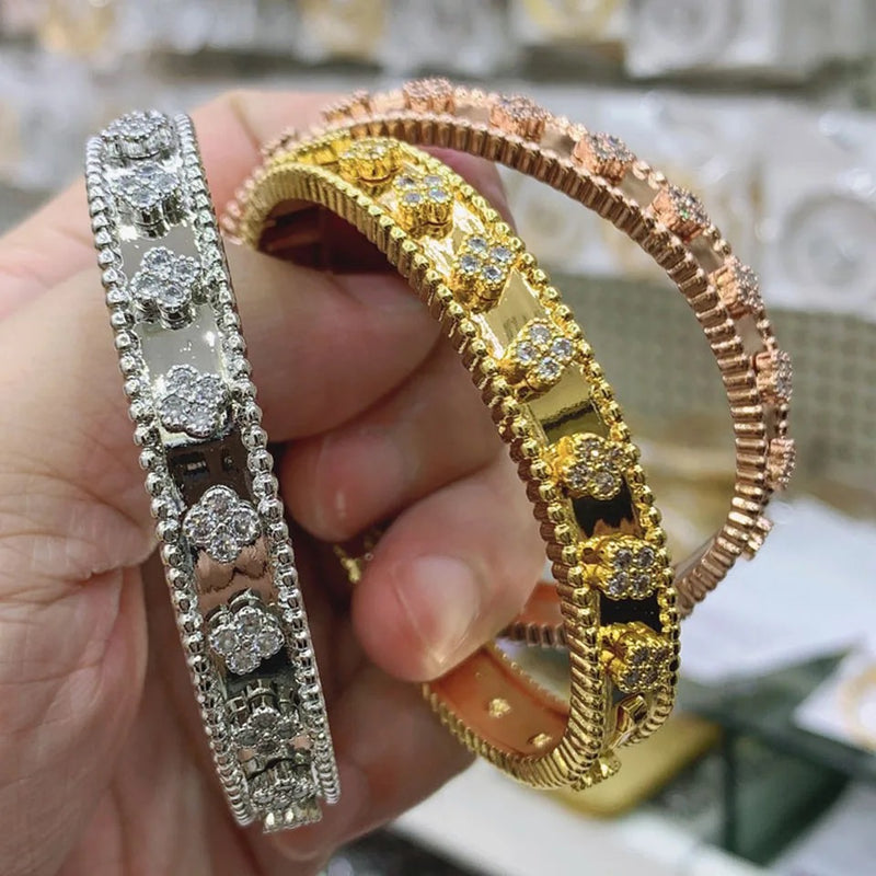 jewelry Classic Micro paved AAA zirconia Four-leaf Flower Bracelet Ring set creative opening ladies bracelet - Tuzzut.com Qatar Online Shopping
