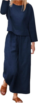 Womens Cotton Linen Lounge Sets Long Sleeve Short Tops and Wide Leg Pants Lightweight Casual Spring OutfitsS4682828 - TUZZUT Qatar Online Shopping