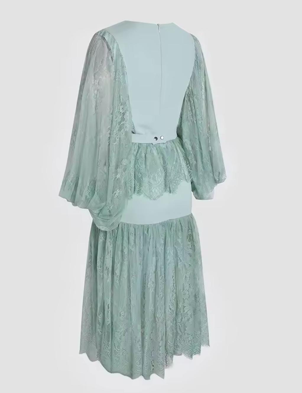 Women's Fordeal - Elegant Green V-Neck Lace Panel Dress S5146241 Women's Fordeal - Elegant Green V-Neck Lace Panel Dress S5146241