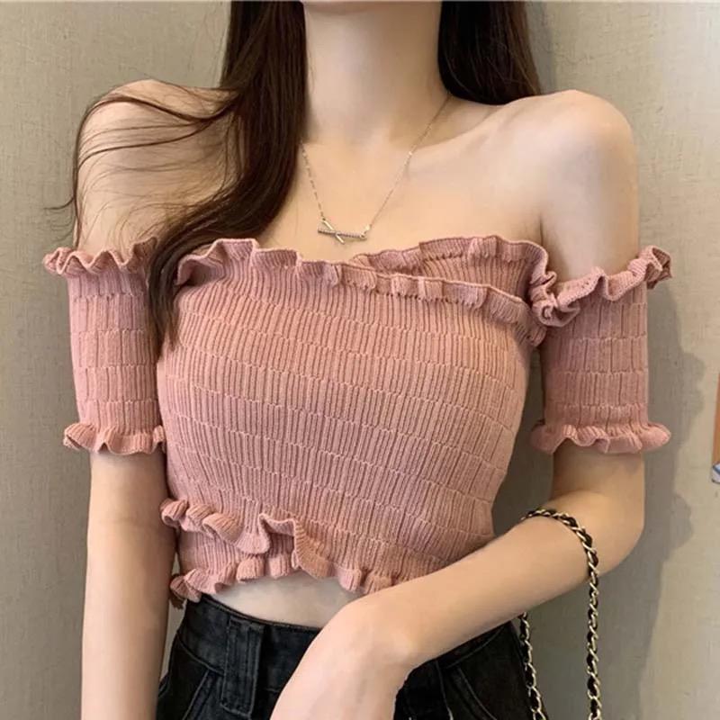 Honey Off Shouder T-Shirt Knitting  Crop Top European And American Style S3387305
