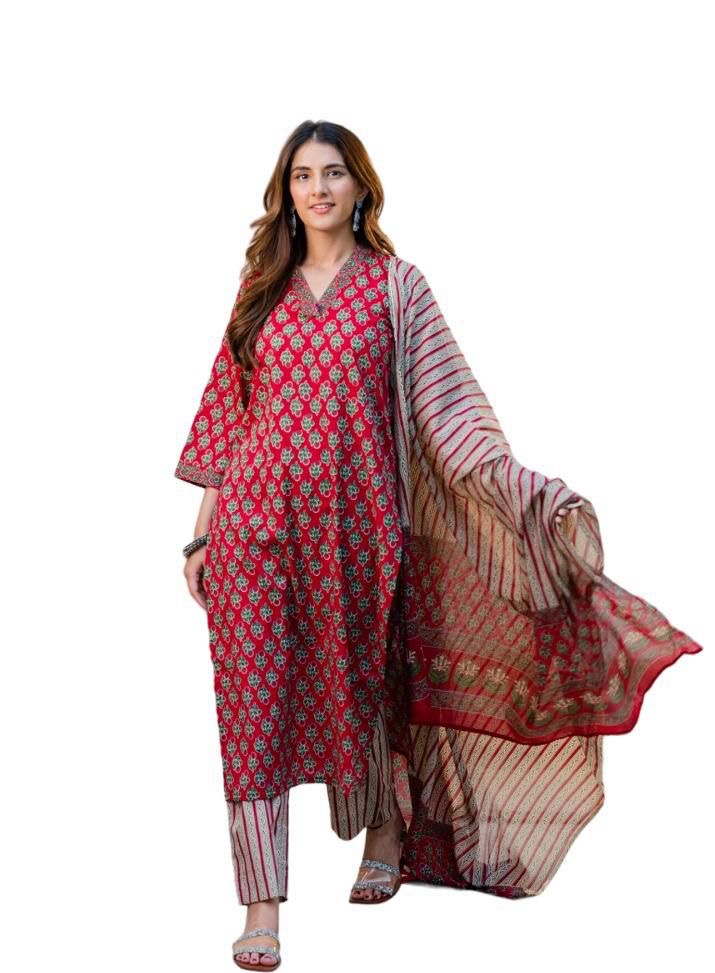 Women Cotton Mix Kurta Pant Dupatta Set - TPS300 Women Cotton Mix Kurta Pant Dupatta Set - TPS300