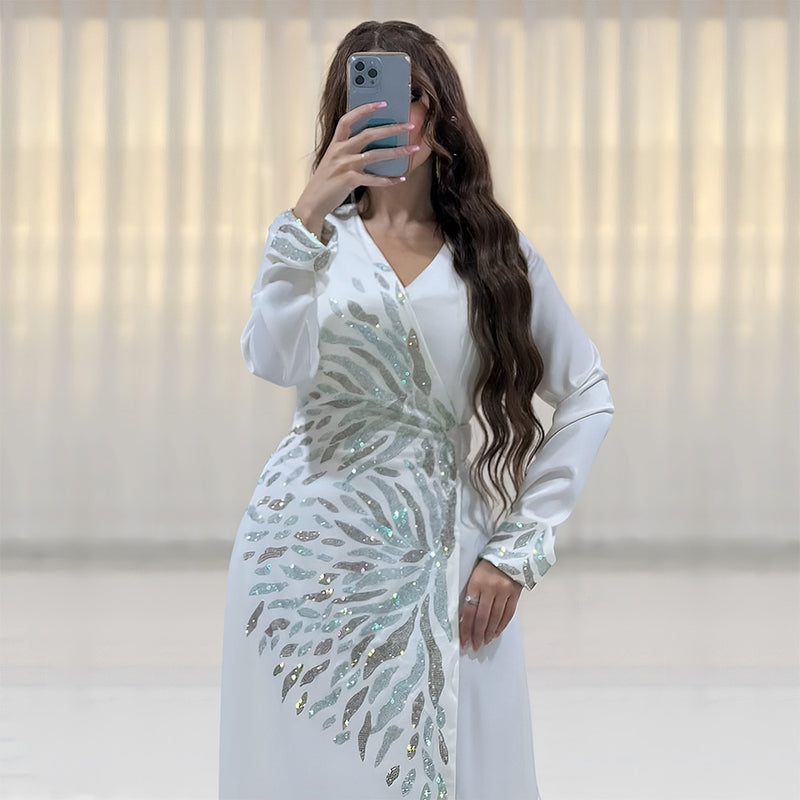 Women's Long Sleeve Geometry Rhinestones/Gems/Crystals Modest Fashion Dress S 467655