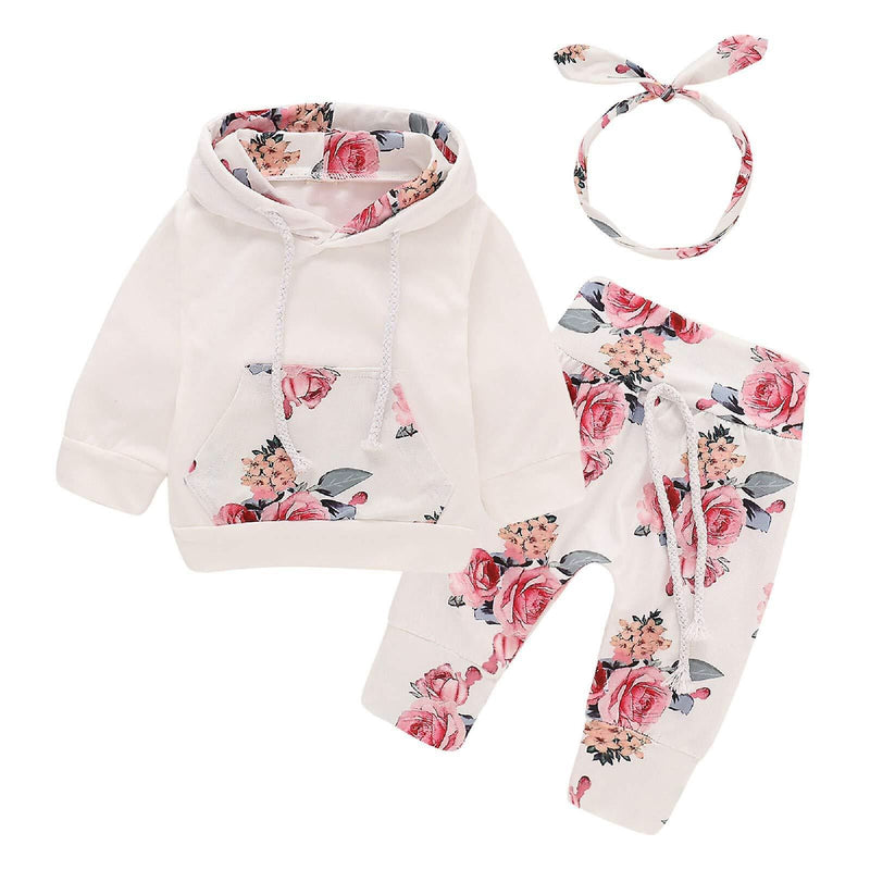 Konate Newborn Baby Girl Long Sleeve Floral Hoodie Sweatshirt Top and Pants 3pcs 20468458
