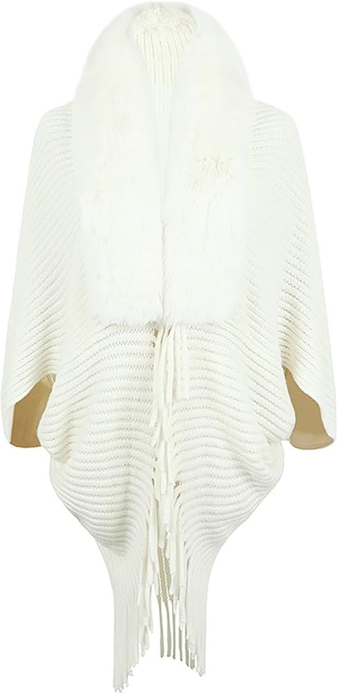 Women Faux Fur Collar Shawl Knitted Winter Capes B-917253 Women Faux Fur Collar Shawl Knitted Winter Capes B-917253