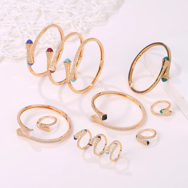 Women 2 Pcs Bracelet Ring Set Colorful Resin Gold Bangle Ring Wedding Party Jewelry Set - Tuzzut.com Qatar Online Shopping