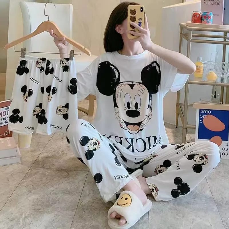 Disney Mickey White Women's Spring Summer Pajamas Set Three-piece Short Sleeve + Shorts + Trousers Soft And Comfortable Homewear L X4250045 Disney Mickey White Women's Spring Summer Pajamas Set Three-piece Short Sleeve + Shorts + Trousers Soft And Comfortable Homewear L X4250045