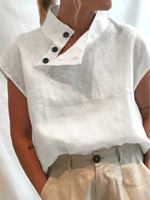 Solid Color Stand Collar Cap-Sleeve Shirts M 84523 Solid Color Stand Collar Cap-Sleeve Shirts M 84523