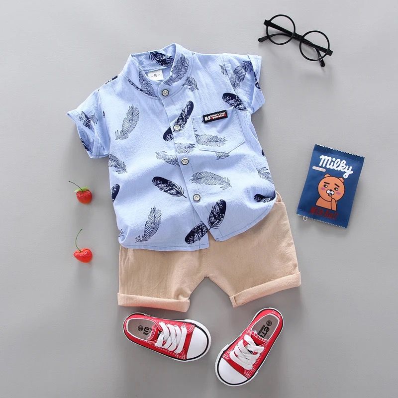 3 Year Old Baby Summer Feather Print Shirt Short Sleeve Suit 20163137 - Tuzzut.com Qatar Online Shopping