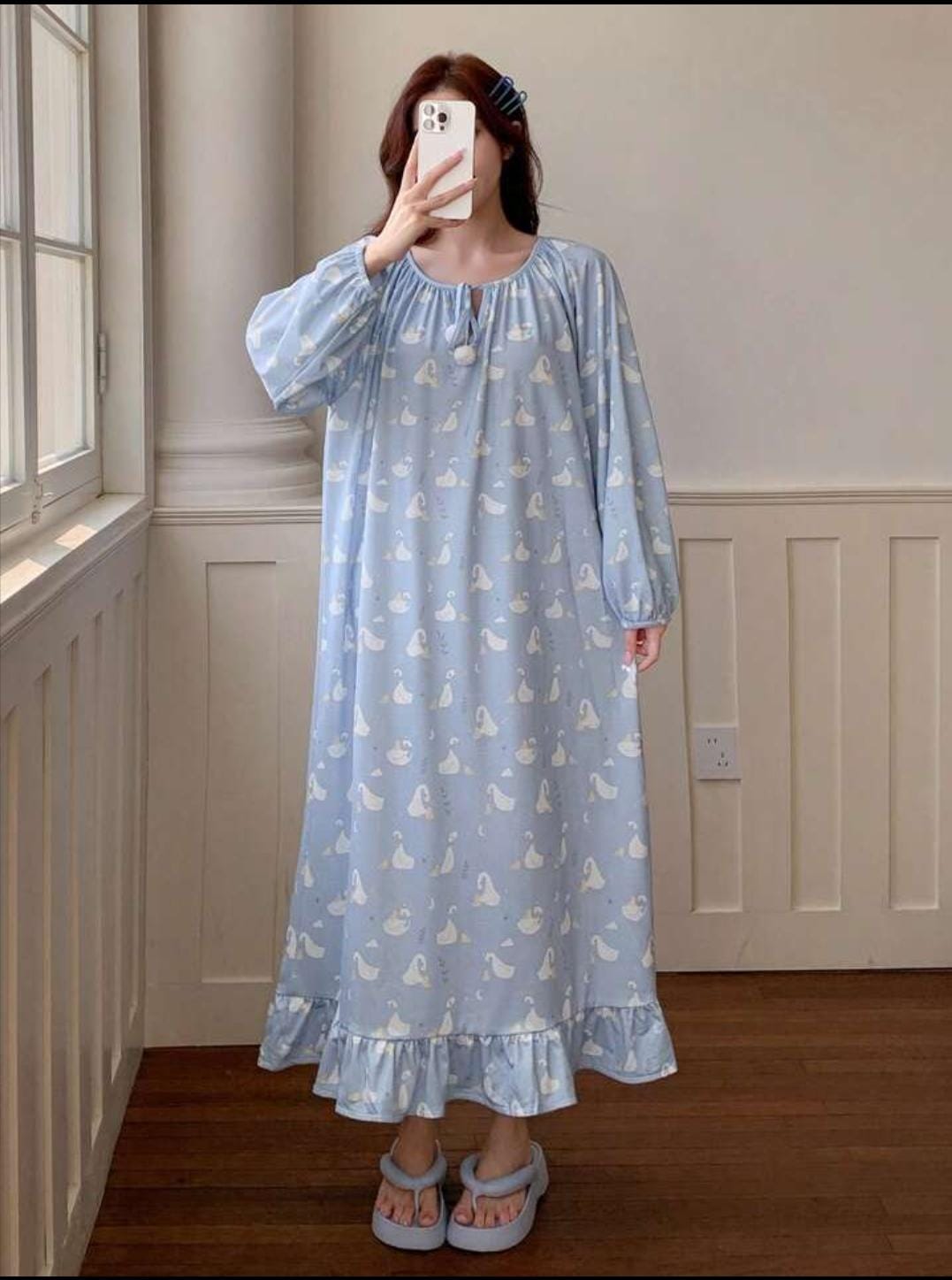 Cute Cartoon Loose Drawstring Neck Ruffle Trim Nightgown 608502 Cute Cartoon Loose Drawstring Neck Ruffle Trim Nightgown 608502