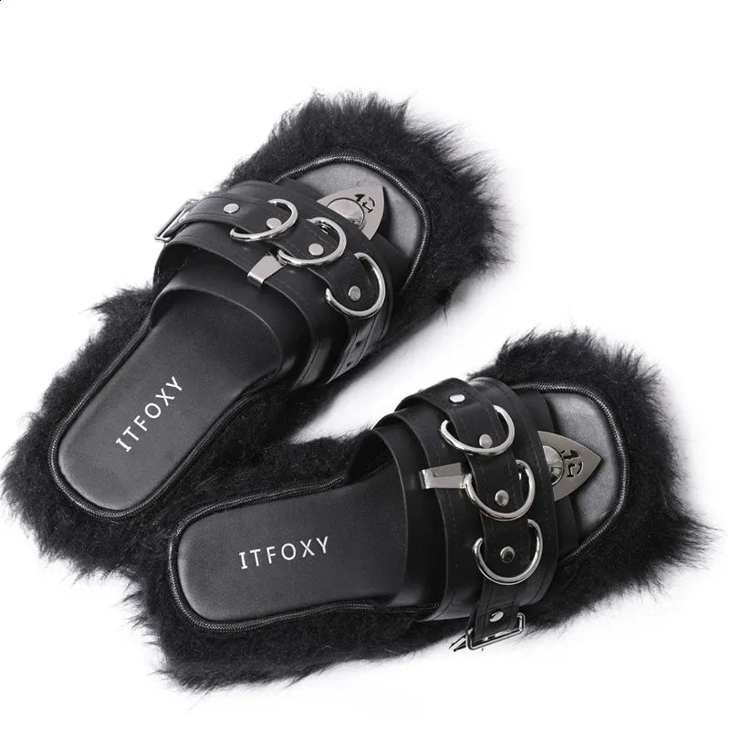 Punk Fur Metal Decor Round Toe Sandals 22823 - TUZZUT Qatar Online Shopping