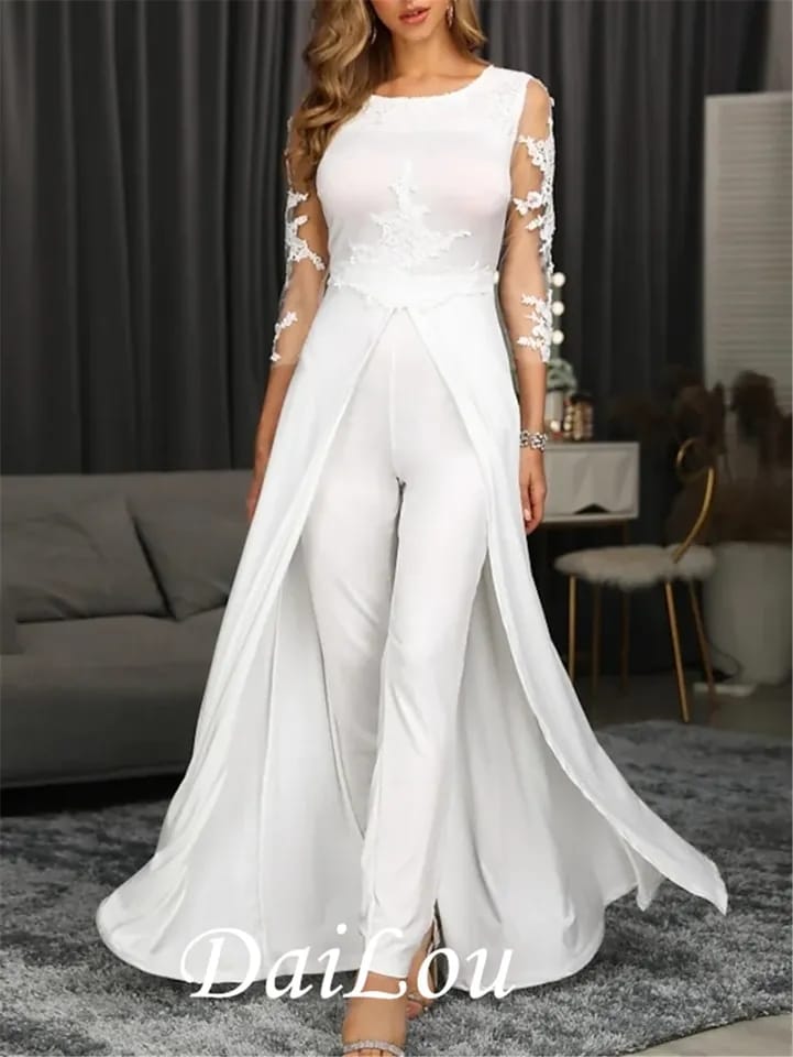 Chic Sheer Lace Women Prom Dresses Jumpsuits with 3/4 Sleeves Prom Gown Satin Chiffon Evening Dress Plus Size L 070689386