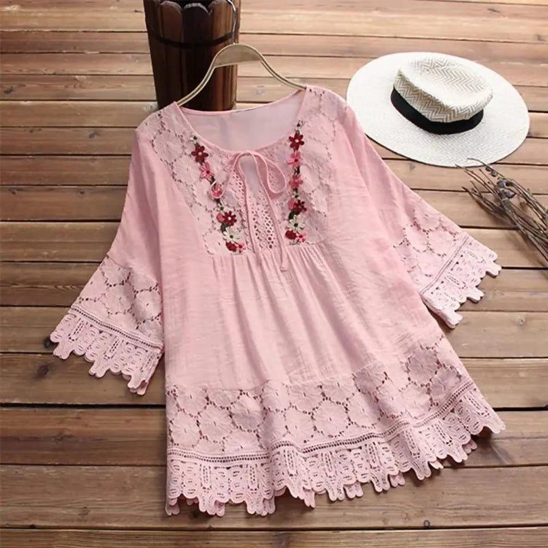 Women's Lace Crochet Blouse Elegant Embroidery Tops Hollow Lace Up Shirts Female Hollow Blusas Chemise Blusas Mujer De Moda S2388149