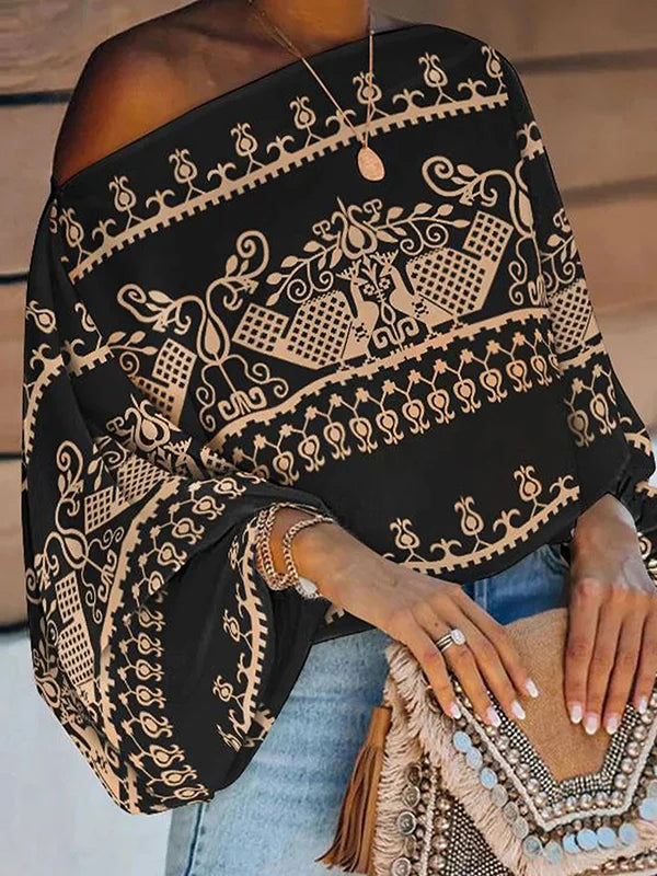 Simple Loose Off-The-Shoulder Geometric Printed Puff Sleeves T-Shirt Top 105555 - XL Simple Loose Off-The-Shoulder Geometric Printed Puff Sleeves T-Shirt Top 105555 - XL