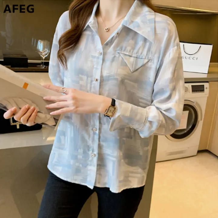 New long-sleeved lapel printed chiffon casual shirt for women L X4601457 New long-sleeved lapel printed chiffon casual shirt for women L X4601457