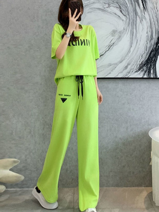 2 Pcs Women's Short Sleeve Solid Color Pants Set S 418202