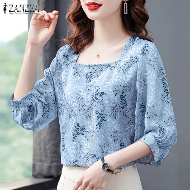 ZANZEA Muslimah Women Muslim Half Sleeve Blouse Floral Print Square Neck Irregular Hem Shirt Top S4646100 - Tuzzut.com Qatar Online Shopping