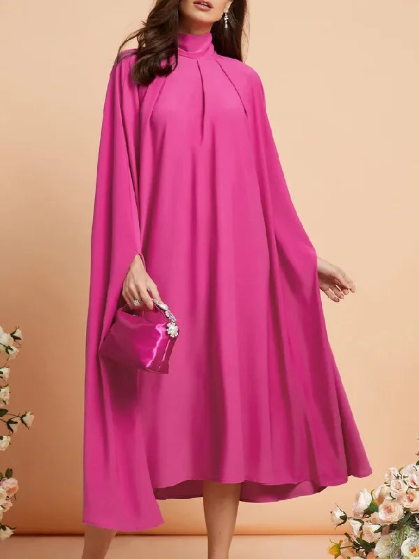 Simple Batwing Sleeves Lace-Up Solid Color High-Neck Midi Dresses 113993