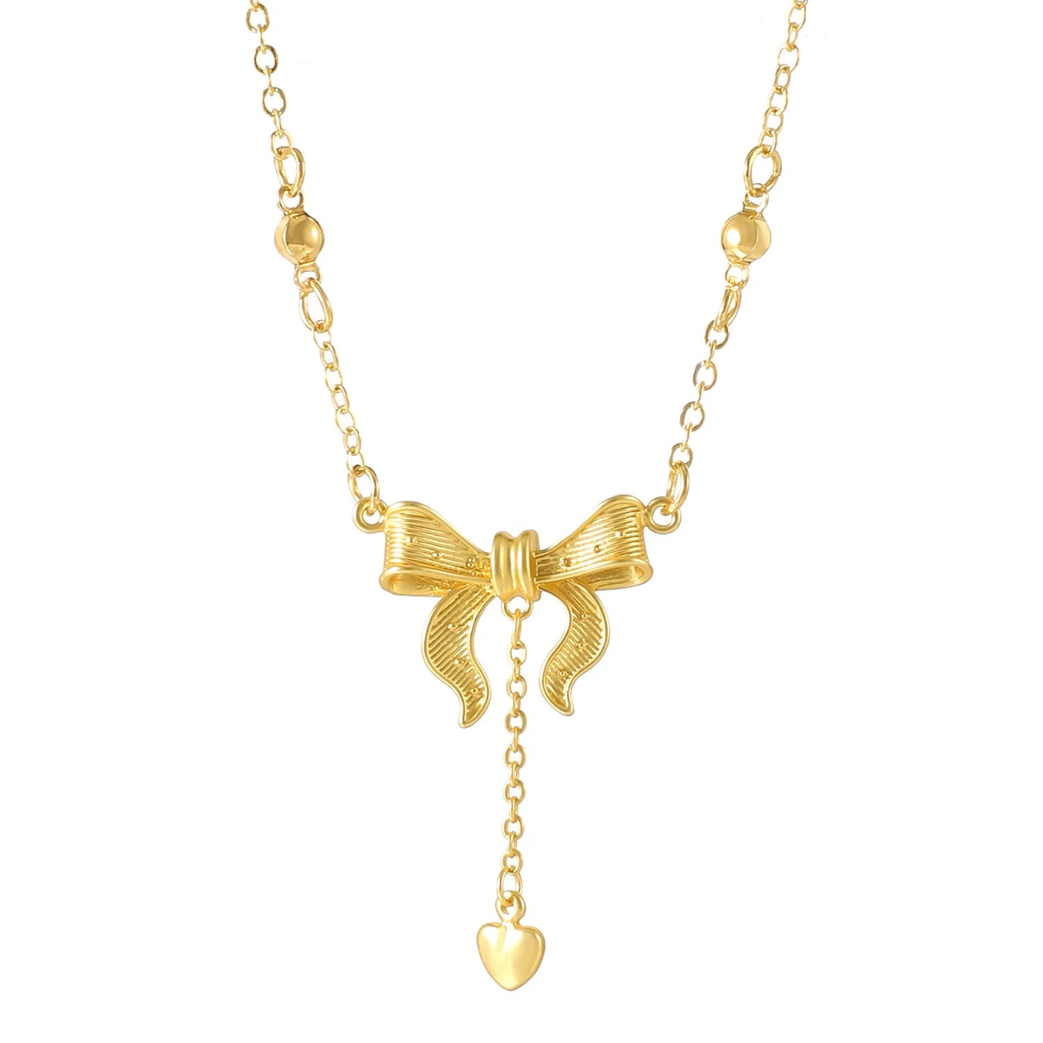 Women Fashion Vintage Gold Bow Heart Tassel Princess Necklace 6513