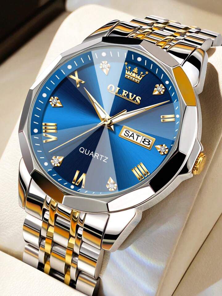 OLEVS Men Two Tone Stainless Steel Strap Calendar Water Resistant Round Dial Quartz Watch S4810439