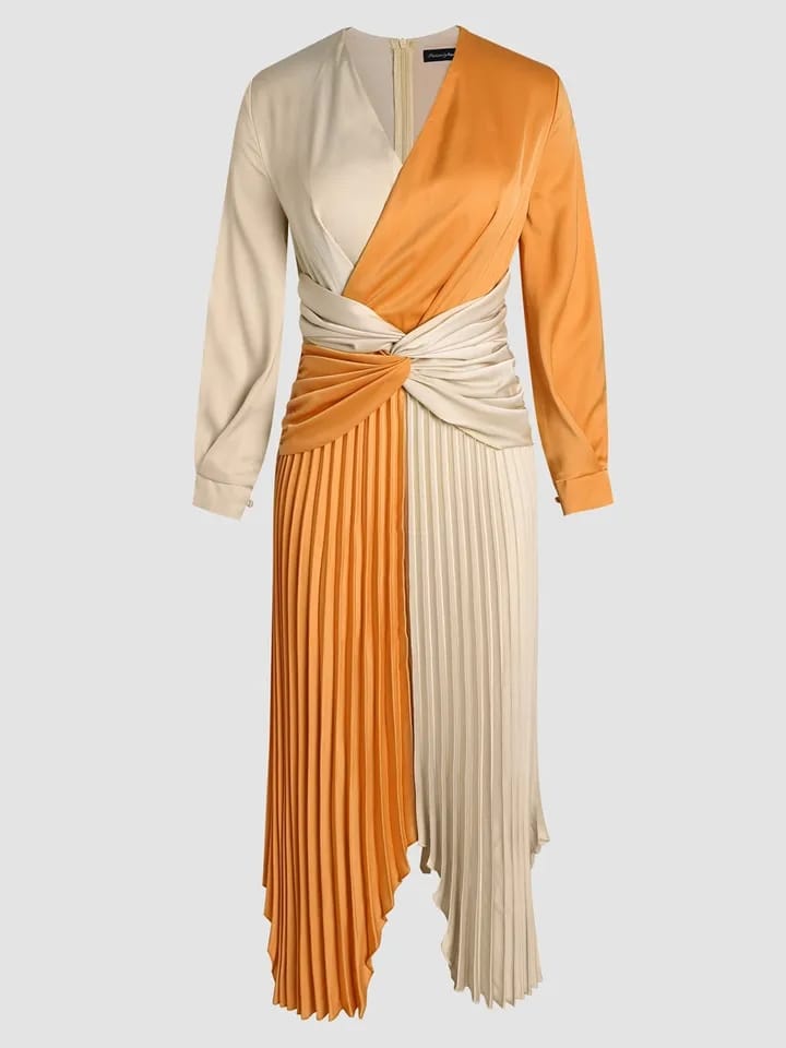 Orange Elegant Paneled Waist Satin Dress XL S4887079 - Tuzzut.com Qatar Online Shopping