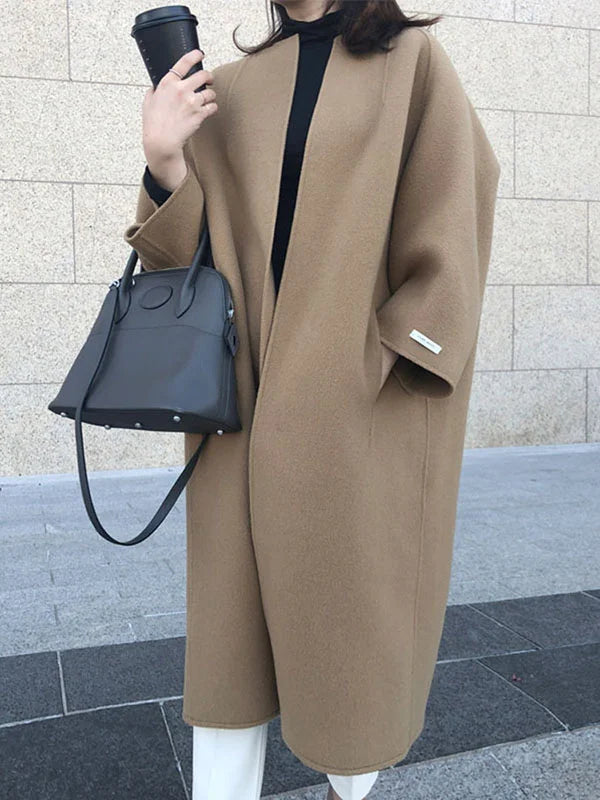 Long Sleeves Loose Solid Color Collarless Woolen Coat 127115