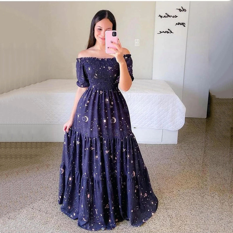 Spring Summer Sexy Off Shoulder Maxi Dress Woman Fashion Flower Print Short Sleeve Dresses For Women 2023 Elegant Party Robe 3XL S4871629