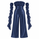 Women’s Navy Ruffle Jumpsuit with Draped Chiffon Sleeves 50K0ZZ - XL