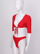 Woman Deep V Bikini Swimsuit Half Sleeve Tie Front Top with Thong Briefs 2 Pcs Bathing Suit 122085 - TUZZUT Qatar Online Shopping