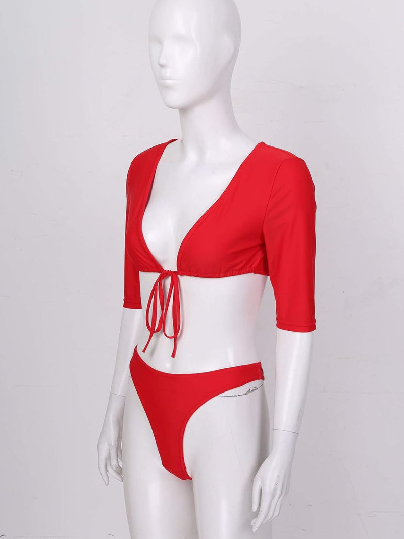 Woman Deep V Bikini Swimsuit Half Sleeve Tie Front Top with Thong Briefs 2 Pcs Bathing Suit 122085 - TUZZUT Qatar Online Shopping