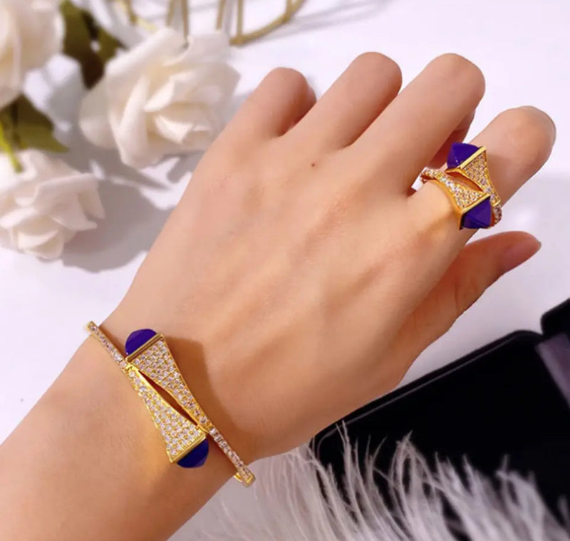 Bracelet & Ring Set Colorful stone Simple Design Gold Open Cuff Bangle Ring Jewelry Set - Tuzzut.com Qatar Online Shopping