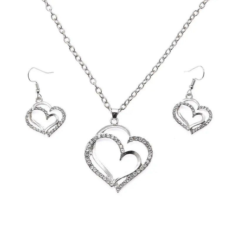 3 Pcs Set Heart Shaped Jewelry Set Of Earrings Pendant Necklace For Women Exquisite Fashion Rhinestone Double Heart Jewelry Set - Tuzzut.com Qatar Online Shopping