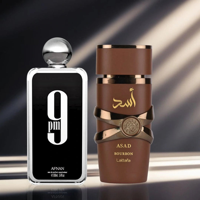 Afnan 9pm EDP 100ml & Lattafa Asad Bourbon EDP 100ml | An Irresistible Duo of Fresh Spice & Warm Indulgence (Bundle) - TUZZUT Qatar Online Shopping