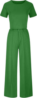 Women's 2 Piece Business Casual Outfits Solid Color Pants Sets Short Sleeve Crop Top and Wide Leg Dress Pants   B306776 - TUZZUT Qatar Online Shopping
